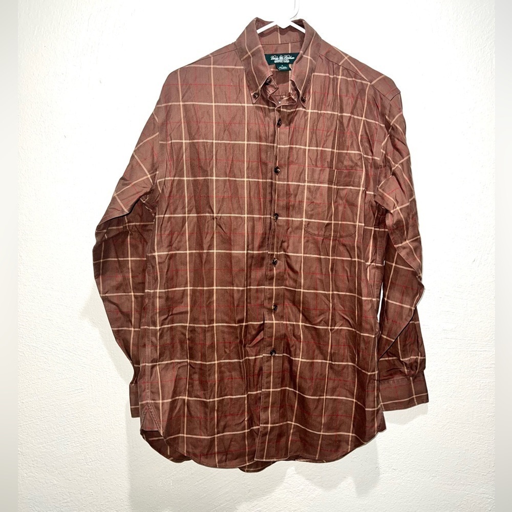 Brooks Brother Non Iron Brown Plaid Checkered Long Sleeve Button Down Shirt